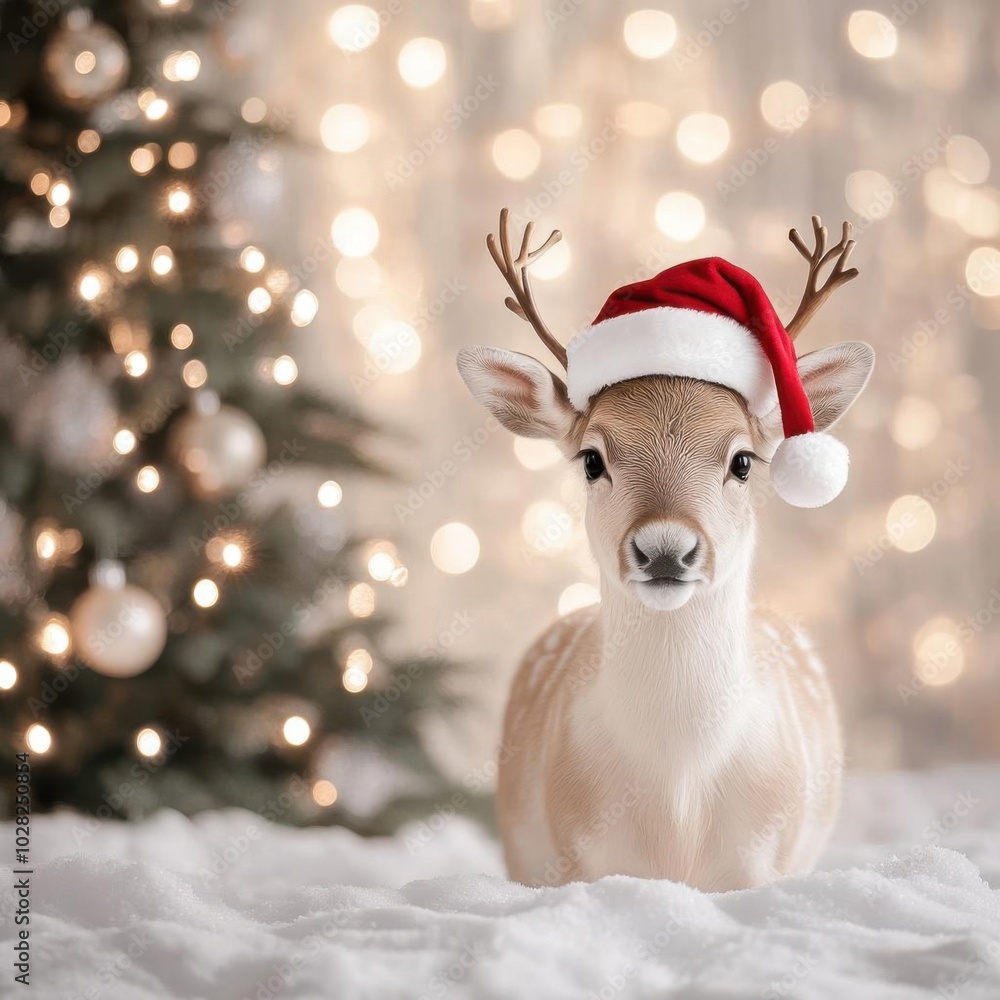 A charming deer wearing a festive Santa hat, surrounded by a beautiful Christmas tree and warm holiday lights. A charming deer wearing a festive Santa hat, surrounded by a beautiful Christmas tree and warm holiday lights.