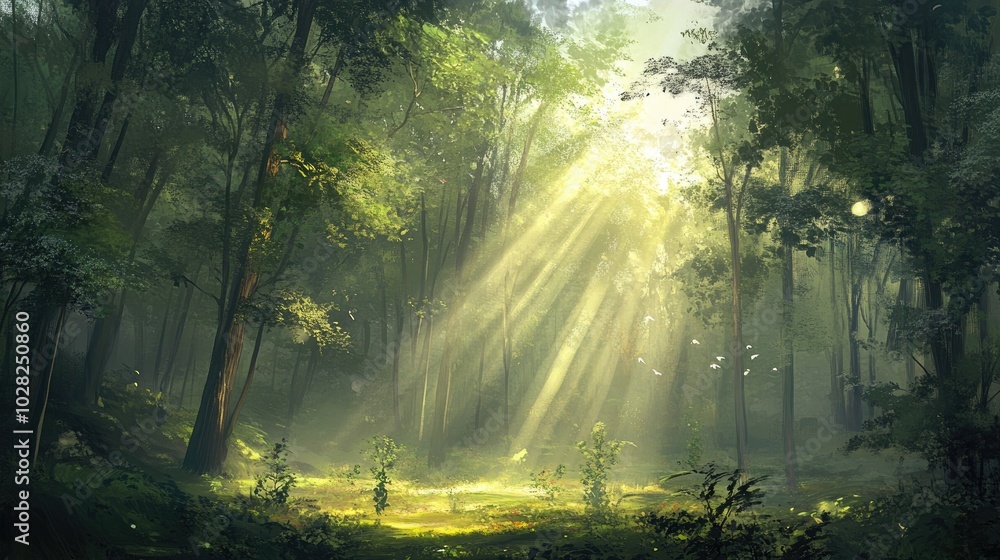 Obraz premium A beautiful forest landscape with sunlight filtering through tall trees, casting soft beams of light and creating a peaceful atmosphere