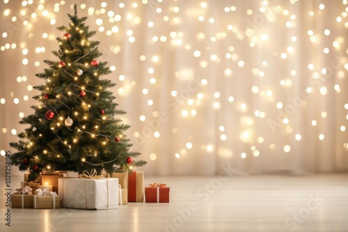 A beautifully decorated Christmas tree with sparkling lights and gifts, creating a warm holiday atmosphere.