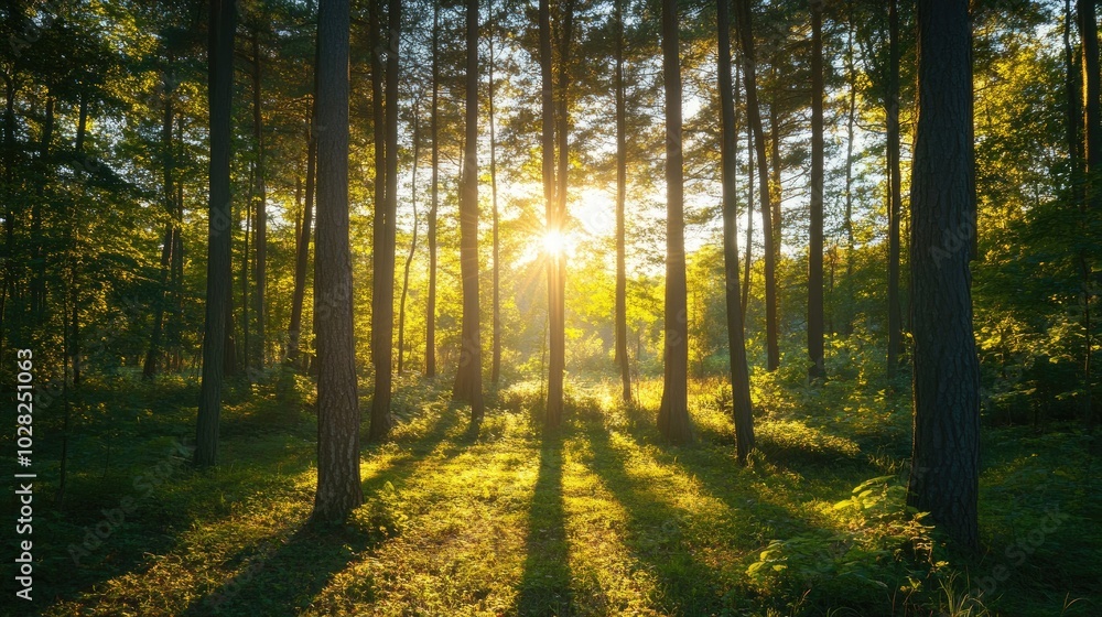Fototapeta premium A peaceful forest landscape with tall trees and golden sunlight streaming through the branches, creating a calming nature scene