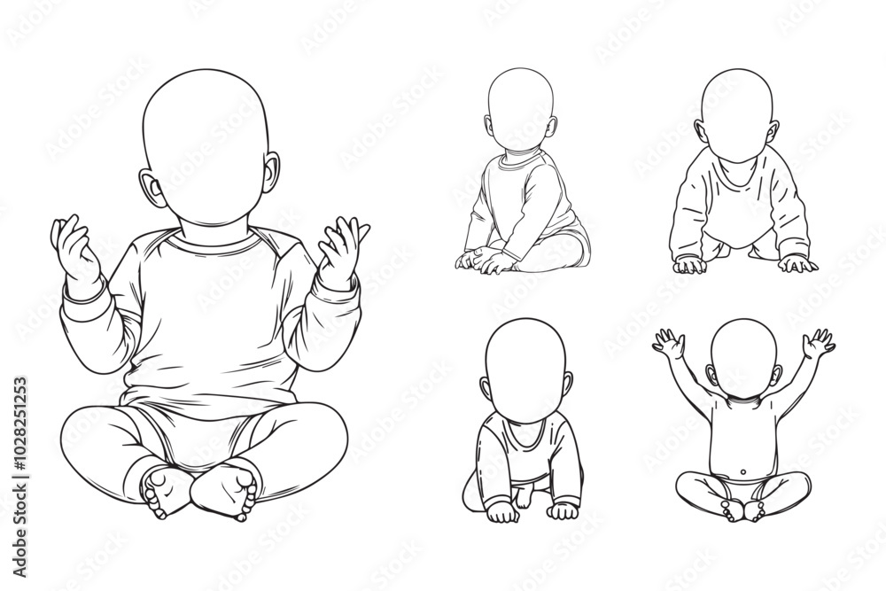 Black and white line art featuring a cheerful baby in a playful position Black and white line art featuring a cheerful baby in a playful position