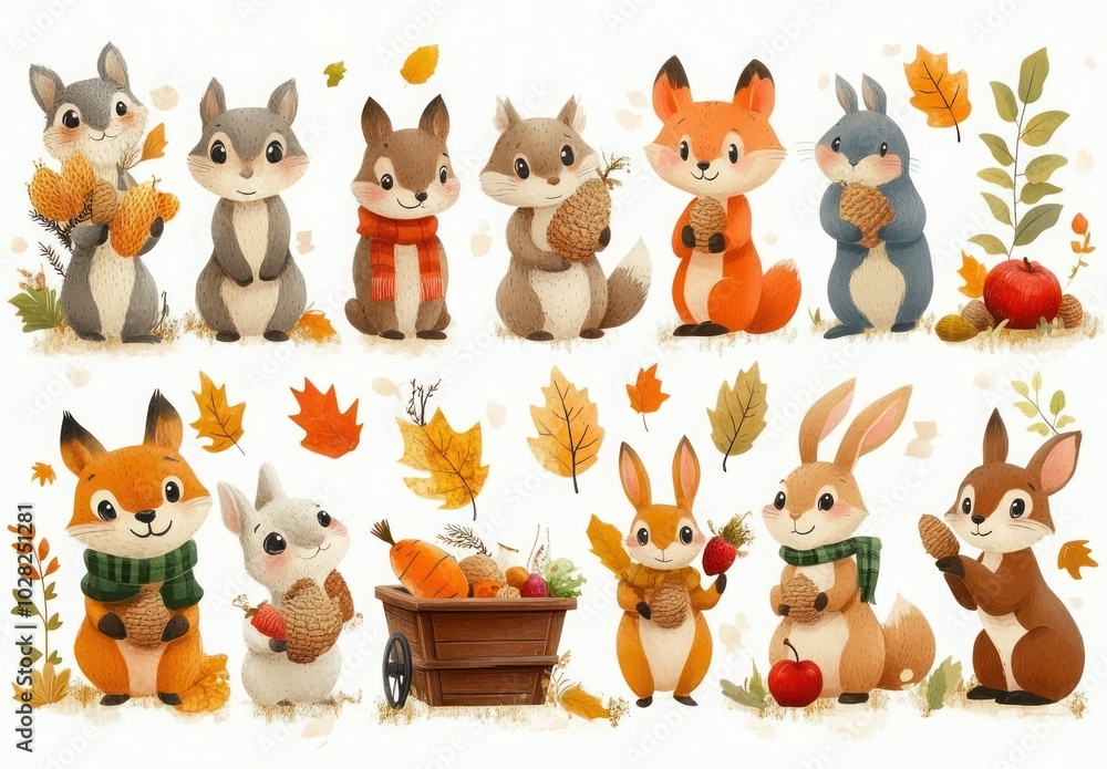 Fototapeta premium Cute Autumn Forest Animals Collection with Various Elements and Food on White Background - Vector Illustration