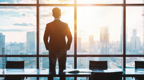 Business Professionals Waiting for Meeting in Office Building, Silhouettes Against Glass Windows. photo