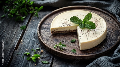 White chocolate cake with fresh mint leaf on a plate Wooden background Top vew Copy space : Generative AI photo