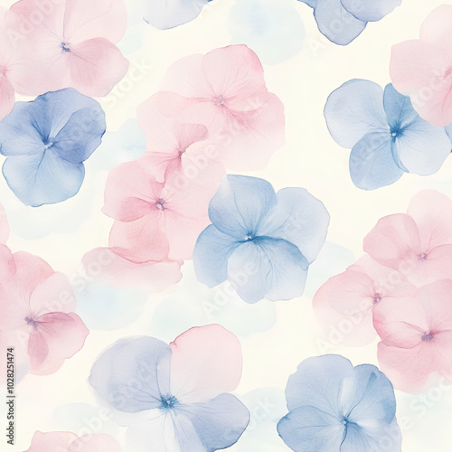 Simple watercolor hydrangeas in light pink and blue hues, arranged on a pale background, minimalist and seamless