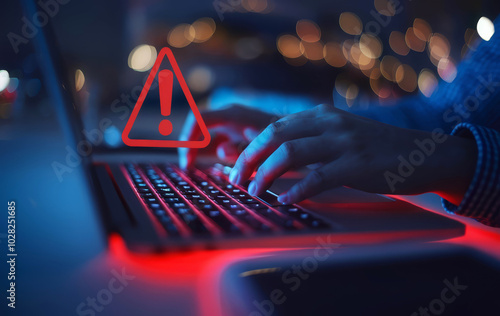 A person types on a laptop, illuminated in red, with a warning symbol highlighted, indicating a potential cybersecurity issue.