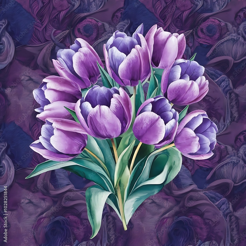 Obraz premium Purple and blue tulips watercolor illustration set. Seamless background pattern. Fabric wallpaper print texture.