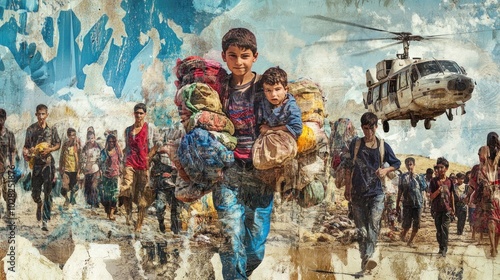 A visual representation of the refugee crisis, showing displaced families in transit, carrying belongings across borders, with scenes of overcrowded camps and migration routes