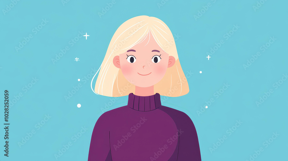 A vibrant illustrator captures a woman with blonde hair in a cozy purple sweater against a simple backdrop. A vibrant illustrator captures a woman with blonde hair in a cozy purple sweater against a simple backdrop.