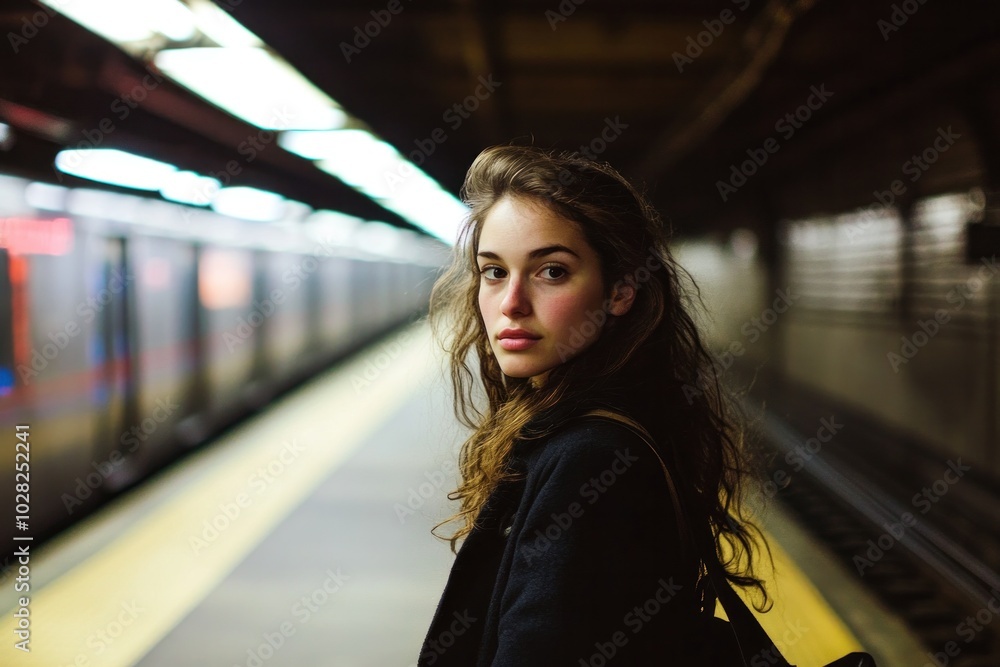 A woman standing confidently in a subway station, soft lighting from the train platform casting shadows, urban background with subway tracks, a sense of movement and energy A woman standing confidently in a subway station, soft lighting from the train platform casting shadows, urban background with subway tracks, a sense of movement and energy