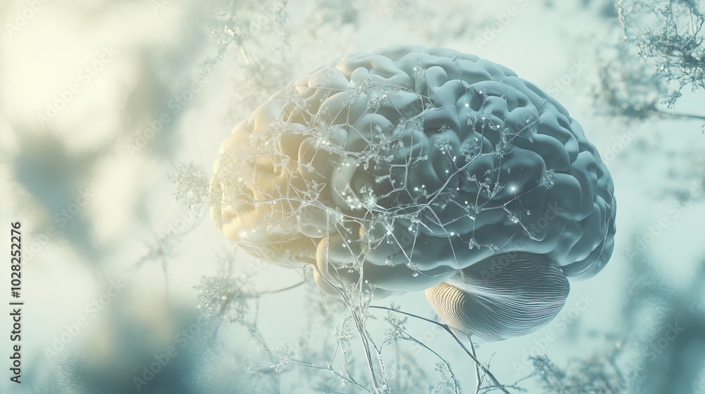 Obraz premium Close-up of human brain with intricate neural pathways, symbolizing cognitive biases and complex thought processes, ideal for educational or scientific presentations.