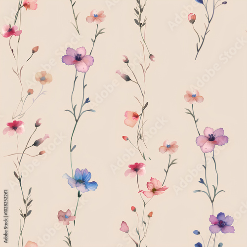 Wallpaper Mural Simple watercolor wildflowers in soft pastels, arranged randomly on a light beige background, seamless pattern Torontodigital.ca