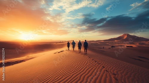 A group of tourists exploring a remote Asian desert, with dramatic sand dunes and nomadic camps, offering a unique and quiet travel experience away from busy tourist spots