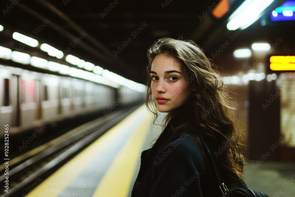 A woman standing confidently in a subway station, soft lighting from the train platform casting shadows, urban background with subway tracks, a sense of movement and energy A woman standing confidently in a subway station, soft lighting from the train platform casting shadows, urban background with subway tracks, a sense of movement and energy