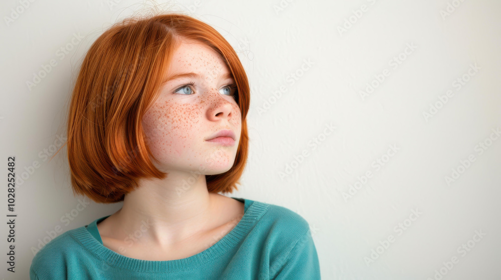 A vibrant portrait of a young girl with red hair and charming freckles against a simple white backdrop. A vibrant portrait of a young girl with red hair and charming freckles against a simple white backdrop.