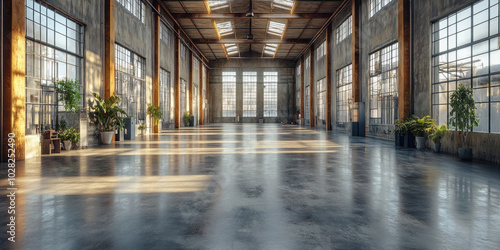 A raw, empty factory interior with exposed steel beams and weathered concrete floors, reflecting industrial decay.