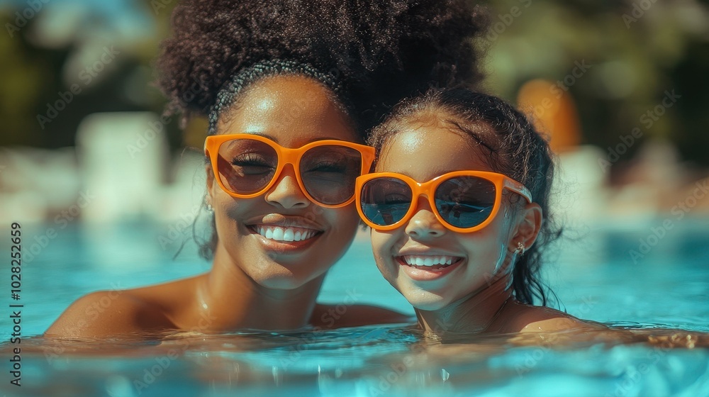 Joyful mother and daughter share smiles as they swim together in a bright pool, creating lasting summer memories. Joyful mother and daughter share smiles as they swim together in a bright pool, creating lasting summer memories.
