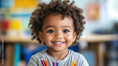 A cheerful toddler with curly hair holds bright colored pencils, radiating creativity in a lively kindergarten classroom. photo