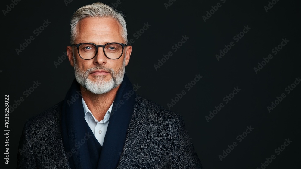 A confident businessman in a sharp outfit, wearing glasses and a scarf, exudes professionalism against a sleek black backdrop. A confident businessman in a sharp outfit, wearing glasses and a scarf, exudes professionalism against a sleek black backdrop.