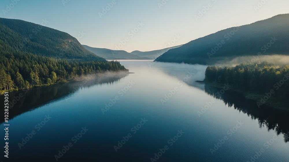 Obraz premium Calm blue lake surrounded by lush green hills with a gentle mist.