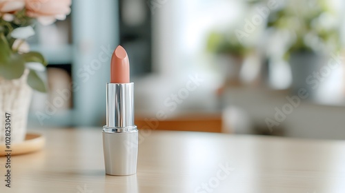 A sleek lipstick in a silver tube stands on a wooden table, surrounded by softly blurred plants and flowers, showcasing a modern, stylish makeup aesthetic.