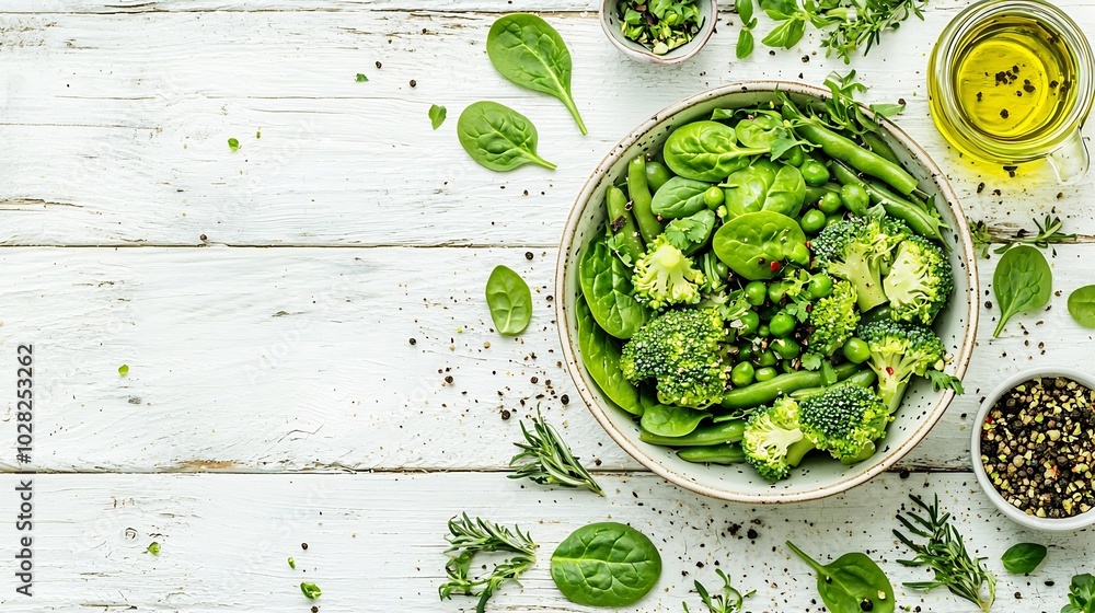 Obraz premium Broccoli baby spinach and green beans salad in ceramic bowl with olive oil on a white wooden background : Generative AI