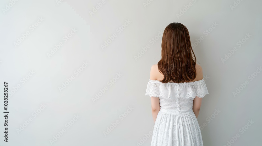 A stunning full portrait showcases a woman in an elegant offtheshoulder dress, viewed from behind against a crisp white backdrop. A stunning full portrait showcases a woman in an elegant offtheshoulder dress, viewed from behind against a crisp white backdrop.
