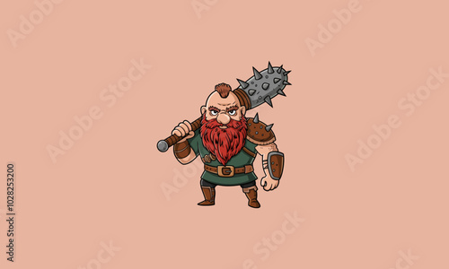 Angry dwarf warrior with a spiked club and armor.