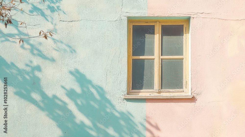Fototapeta premium Window on a pastel blue and pink wall with a shadow of branches