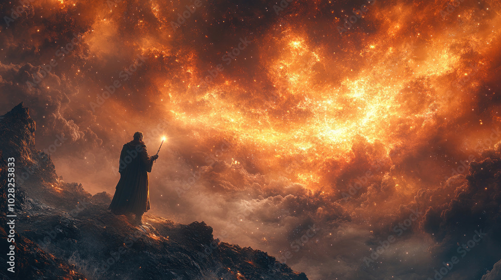 A sorcerer standing on a mountaintop with his wand raised high, casting a spell as the sky crackles with magical energy. A sorcerer standing on a mountaintop with his wand raised high, casting a spell as the sky crackles with magical energy.