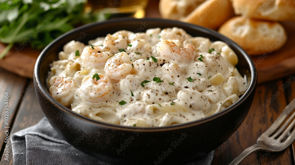 creamy shrimp Alfredo fettuccine pasta is served on a rustic wooden table, with a rich, buttery sauce and fresh herbs. Symbolizes indulgence, comfort, and the art of Italian cuisine creamy shrimp Alfredo fettuccine pasta is served on a rustic wooden table, with a rich, buttery sauce and fresh herbs. Symbolizes indulgence, comfort, and the art of Italian cuisine
