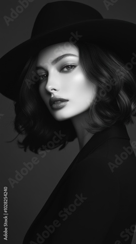 High fashion photoshoot of beautiful stylish woman, modern chic, black and white effect. Model woman.