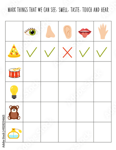 Mark things that you can see, smell, touch, taste and hear. Logical worksheet for kids.