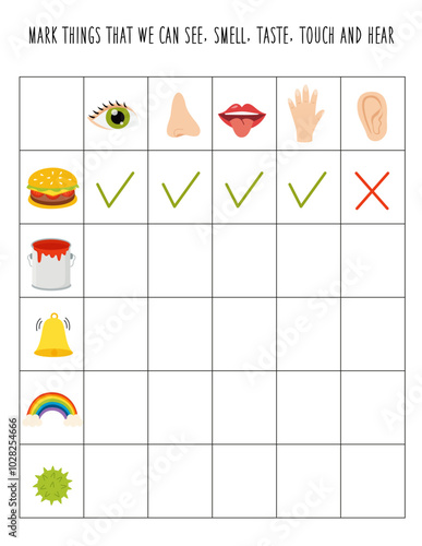 Mark things that you can see, smell, touch, taste and hear. Logical worksheet for kids.
