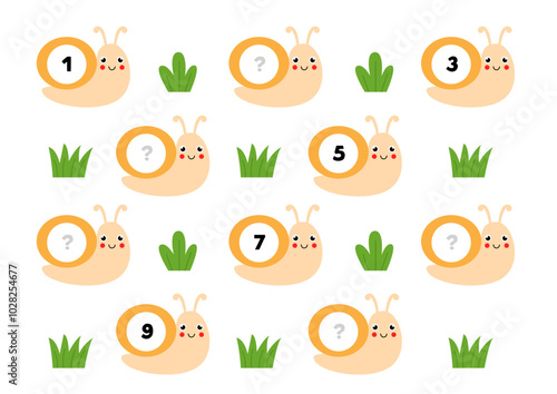 Count and write missing numbers.  Counting game. Cute snails.