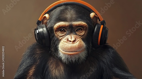 Wallpaper Mural Chimpanzee with Headphones Enjoying Music Torontodigital.ca