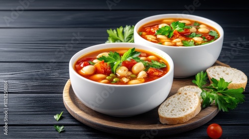 Fresh Vegetable Soup on Wooden Board with Bread