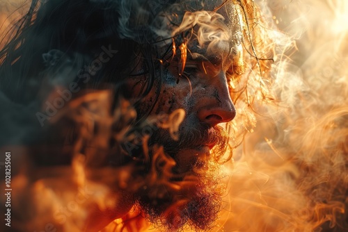 Divine Flames: A Majestic Portrait of Jesus Amidst Smoke and Fire photo