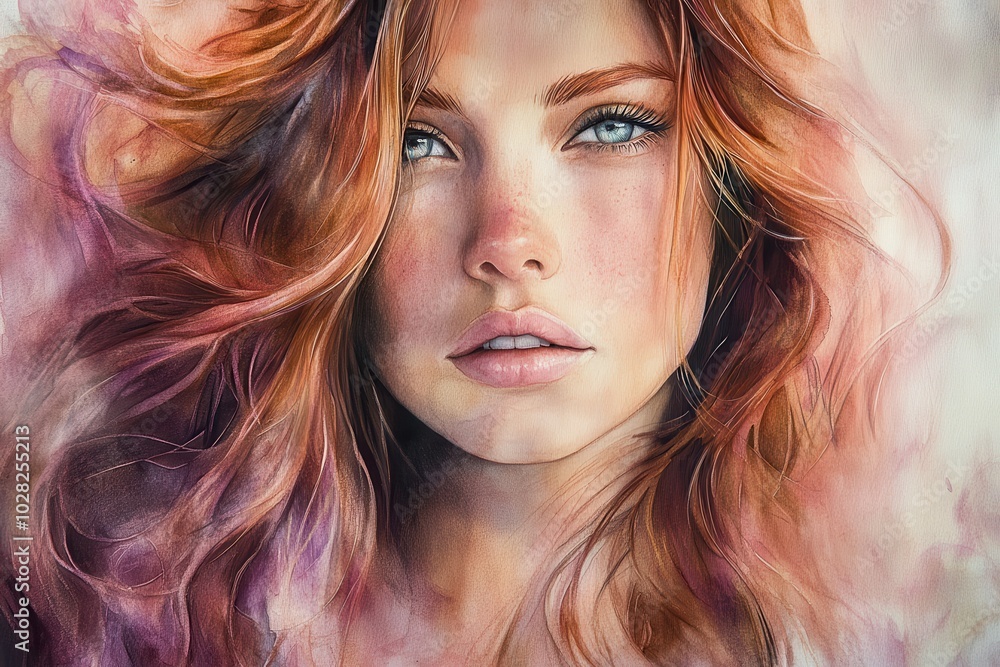 Naklejka premium Beautiful Lady with Long Flowing Hair in Soft Colors