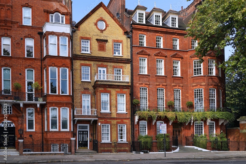 Fototapeta premium Elegant colorful old townhouses and apartment buildings in Chelsea district of London, facing the Thames
