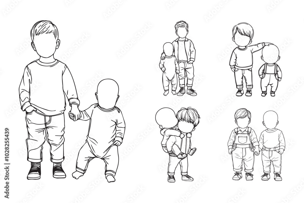 Black and white illustration of a baby joyfully connected with a sibling Black and white illustration of a baby joyfully connected with a sibling