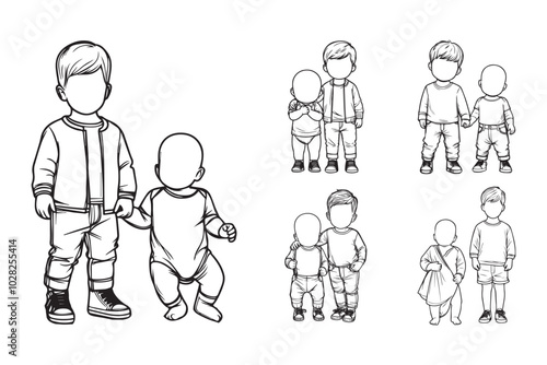 Hand-drawn clipart depicting an intimate moment between a baby and brother