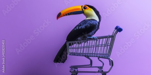 Colorful Toucan Perched on Shopping Cart Edge Against Vibrant Purple Background