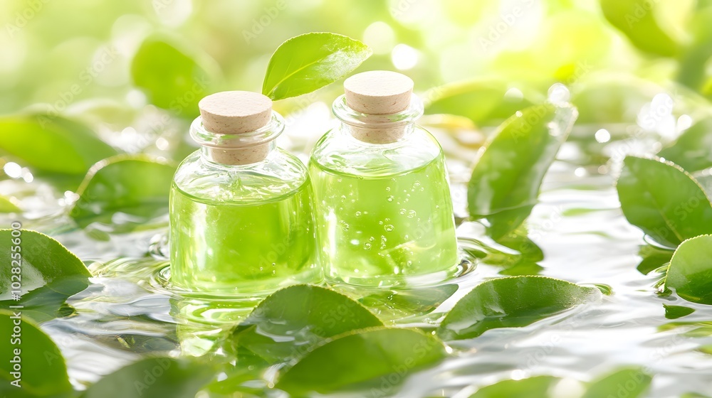 Two glass bottles with green liquid are surrounded by vibrant green leaves, evoking a sense of nature and wellness. Two glass bottles with green liquid are surrounded by vibrant green leaves, evoking a sense of nature and wellness.