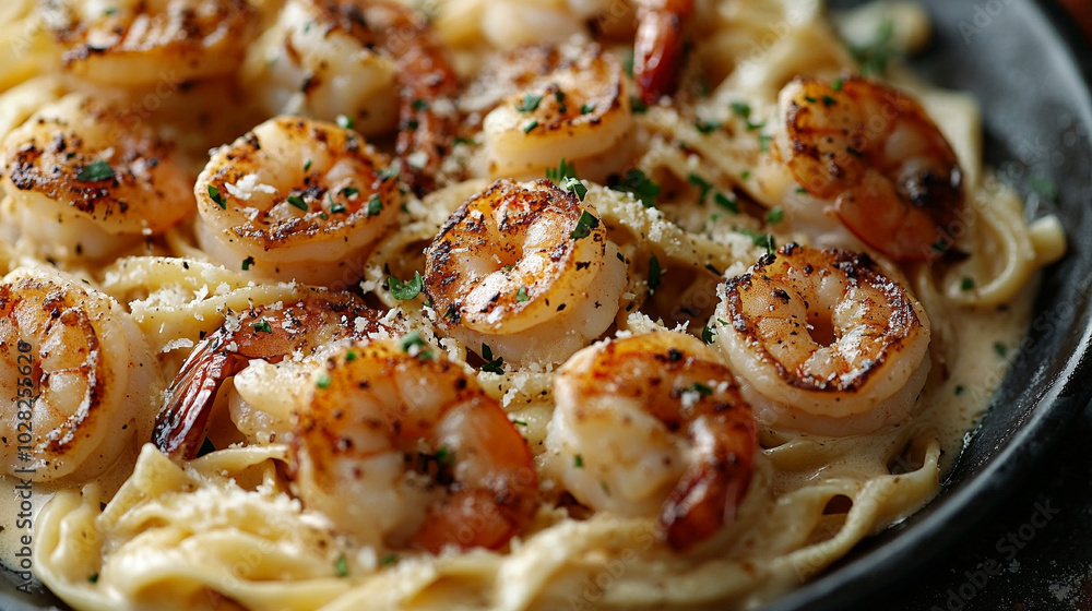 creamy shrimp Alfredo fettuccine pasta is served on a rustic wooden table, with a rich, buttery sauce and fresh herbs. Symbolizes indulgence, comfort, and the art of Italian cuisine creamy shrimp Alfredo fettuccine pasta is served on a rustic wooden table, with a rich, buttery sauce and fresh herbs. Symbolizes indulgence, comfort, and the art of Italian cuisine