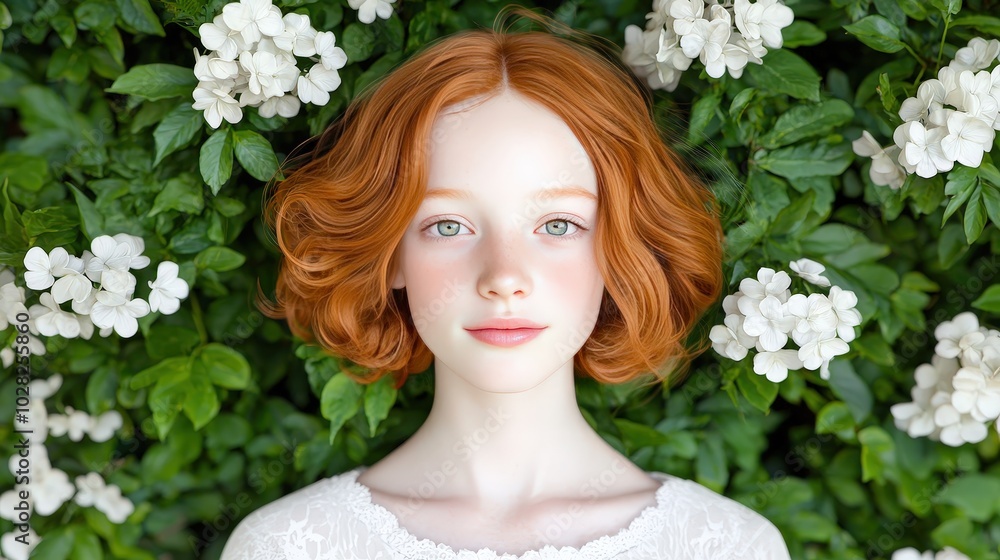 Fototapeta premium Beautiful Redhead Girl with Green Eyes Posing in White Flowers