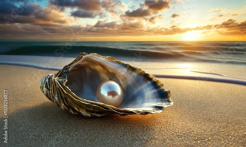 A pearl nestled in an open oyster on a sandy beach at sunset.