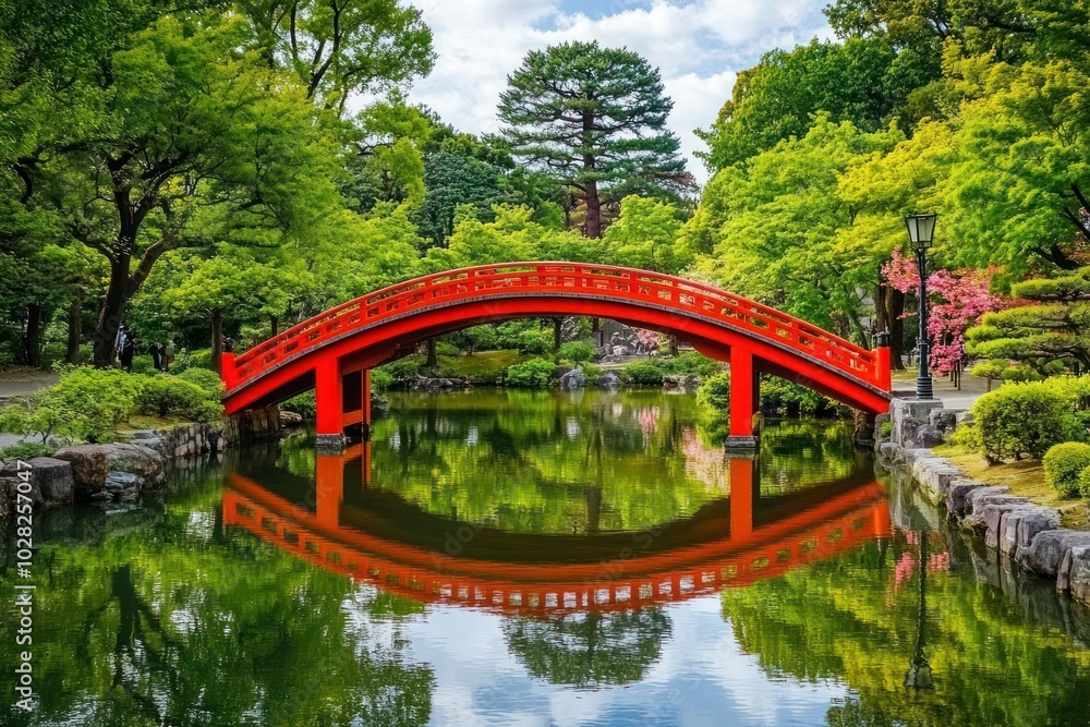 Serene Meiji Jingu Shrine Park with Japanese-style Architecture: Red Bridge over Pond Surrounded by Vibrant Greenery and Clear Blue Skies Serene Meiji Jingu Shrine Park with Japanese-style Architecture: Red Bridge over Pond Surrounded by Vibrant Greenery and Clear Blue Skies