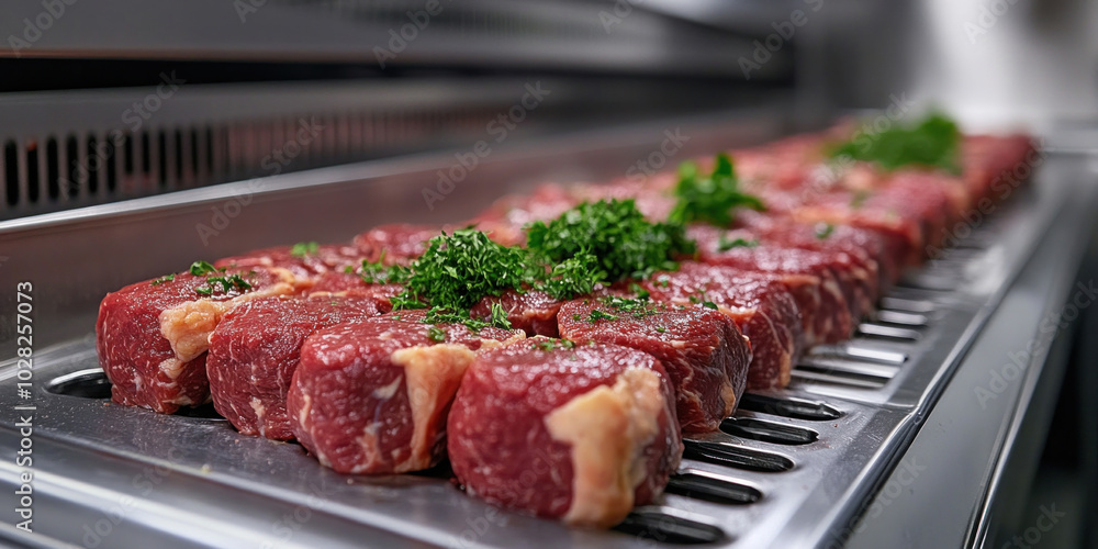 Meat production in a modern facility using eco-friendly methods, ensuring minimal environmental impact. Meat production in a modern facility using eco-friendly methods, ensuring minimal environmental impact.