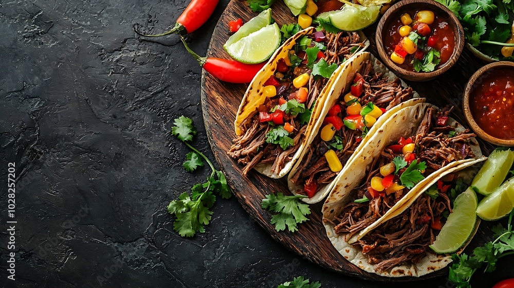 Fototapeta premium Mexican shredded beef with tortillas vegetables and sauce Grey background Top view : Generative AI